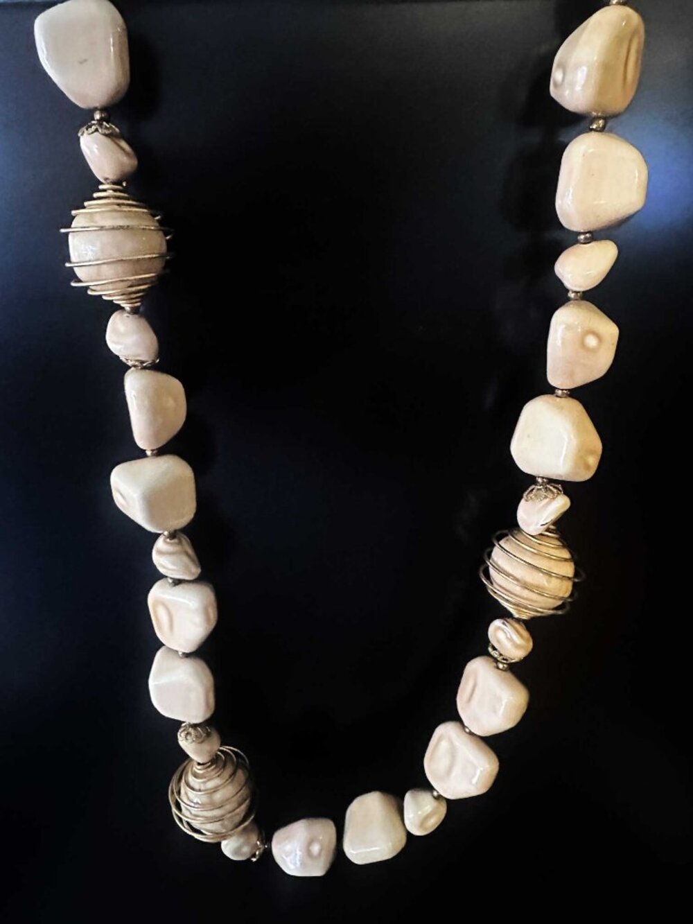 Vintage 1950s Baroque Conch Shell Bead Necklace with Wire-Wrapped Accents